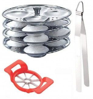4 Plate Idli Maker Stand, Stainless Steel Cooking Tong(Chimta) With Plastic Apple Cutter